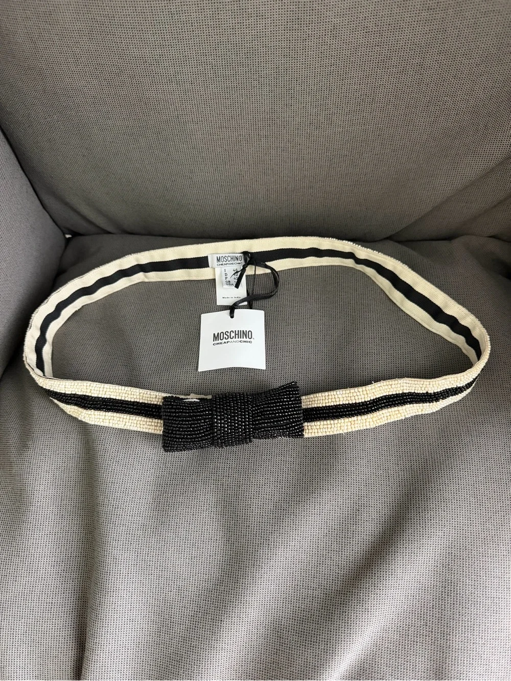 Rare vintage Moschino Black & Cream Beaded Bow Elastic Waist Belt 12